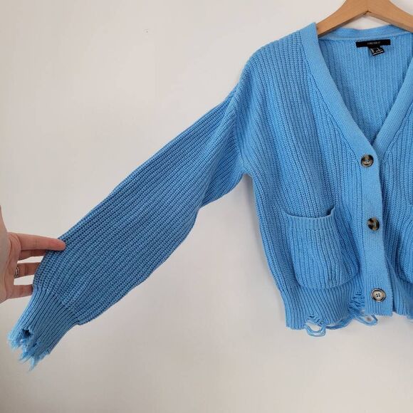 Forever 21 Distressed Knit Cardigan Blue Button Front Cropped Sweater Women’s Sm - Picture 5 of 6